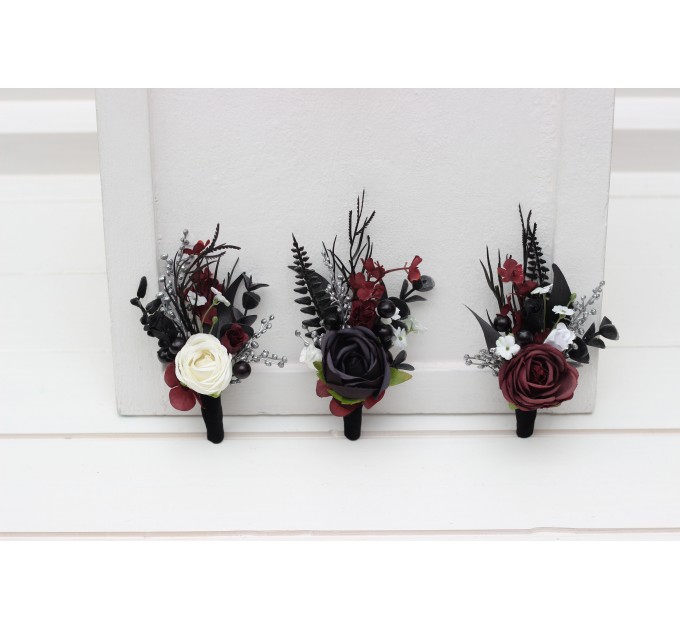  Wedding boutonnieres and wrist corsage  in black white silver burgundy color scheme. Flower accessories. 5108
