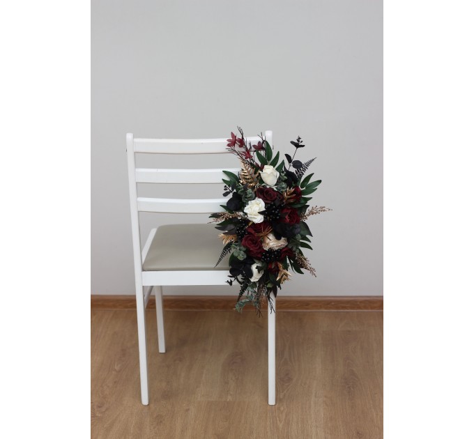 Aisle flowers in burgundy black gold ivory scheme. Chair flowers. Sign flowers. Wedding flowers. Flowers for wedding decor. 0032