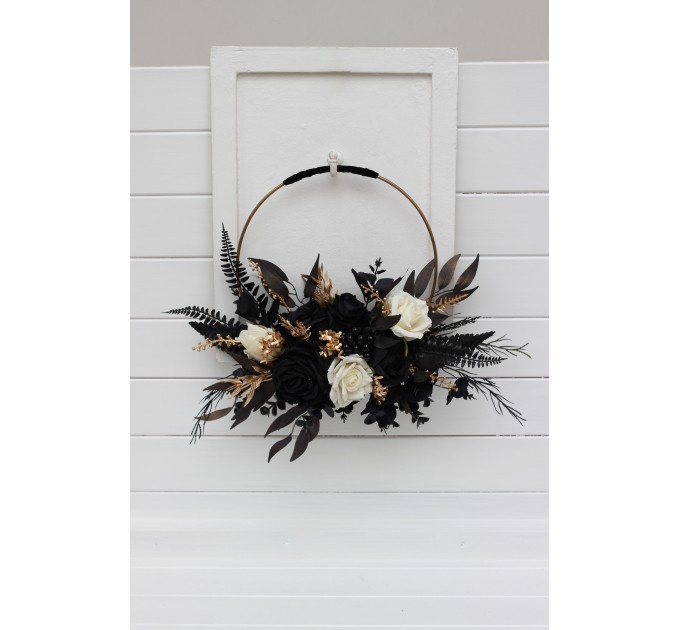 Flower hoop ivory black gold colors. Alternative bridesmaid bouquet. 5159