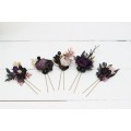  Set of 5 hair pins in deep purple black gold beige color scheme. Hair accessories. Flower accessories for wedding. Black
