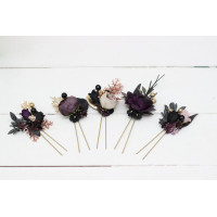  Set of 5 hair pins in deep purple black gold beige color scheme. Hair accessories. Flower accessories for wedding. 5194