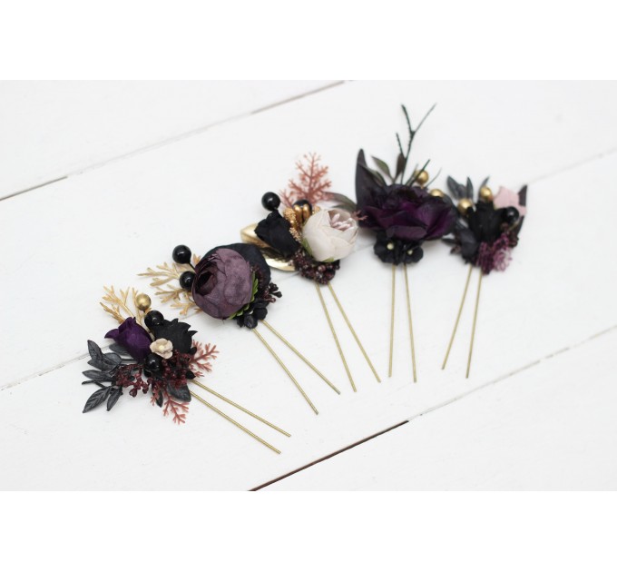  Set of 5 hair pins in deep purple black gold beige color scheme. Hair accessories. Flower accessories for wedding. Black