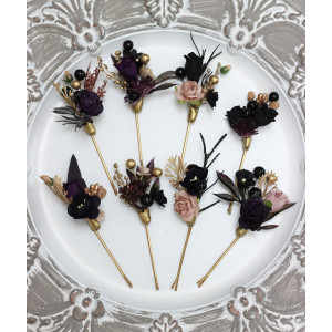 Set of 8 hair pins in  deep purple black gold beige color scheme. Hair accessories. Flower accessories for wedding. 5194