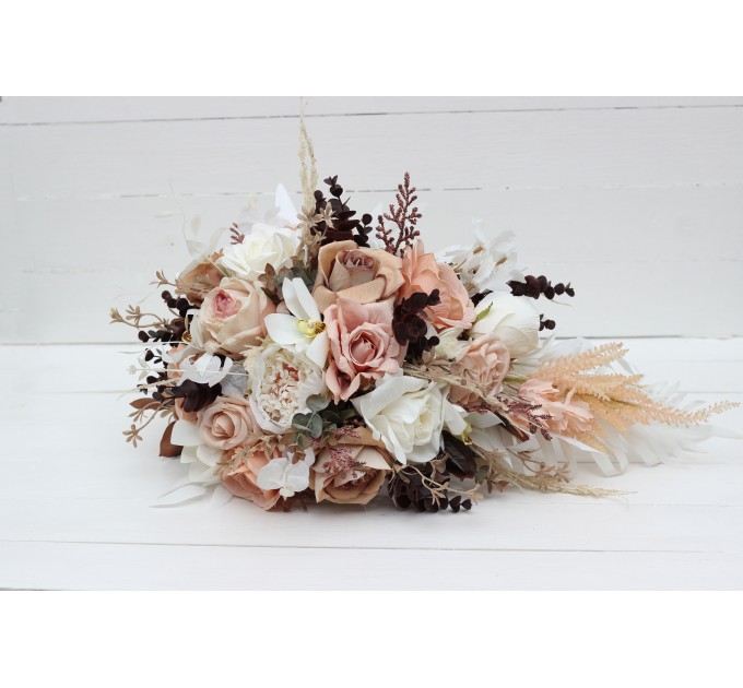 Wedding bouquets in beige white brown colors. Bridal bouquet. Cascading bouquet. Faux bouquet. Bridesmaid bouquet.Orchid bouquet.  0026