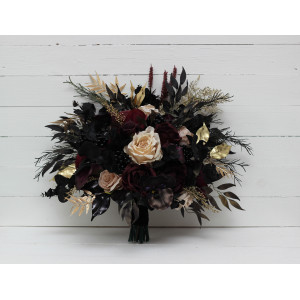Wedding bouquets in deep purple black gold beige colors. Bridal bouquet. Cascading bouquet. Faux bouquet. Bridesmaid bouquet. Halloween wedding. Gothic black wedding bouquet. 5194
