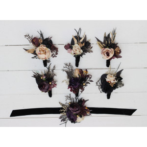  Wedding boutonnieres and wrist corsage  in purple black gold beige color theme. Flower accessories. BLACK