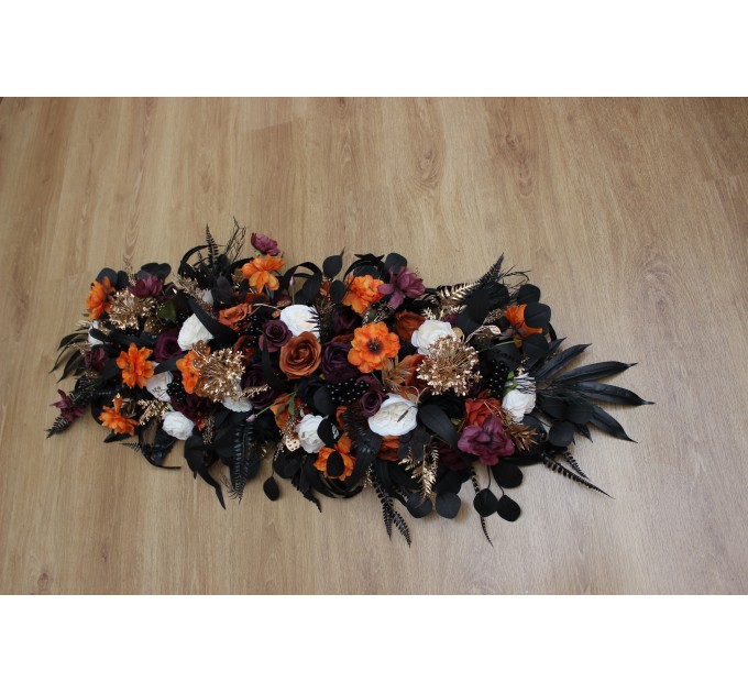  Flower arch arrangement in purple black rust gold colors.  Arbor flowers. Floral archway. Faux flowers for wedding arch. 5014