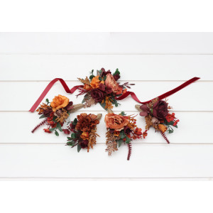  Wedding boutonnieres and wrist corsage  in burgundy dusty rose terracotta rust color scheme. Flower accessories. 5294