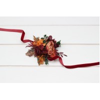  Wedding boutonnieres and wrist corsage  in burgundy dusty rose terracotta rust color scheme. Flower accessories. 5294