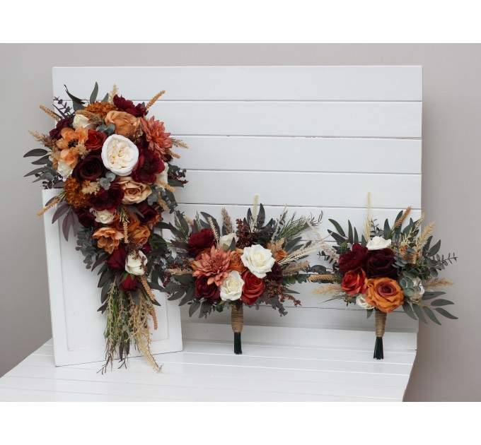 Bouquets in rust burgundy ivory color theme. Bridal bouquet. Faux bouquet. Bridesmaid bouquet. 5272