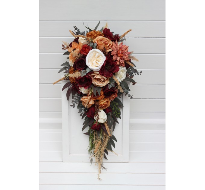 Bouquets in rust burgundy ivory color theme. Bridal bouquet. Faux bouquet. Bridesmaid bouquet. 5272