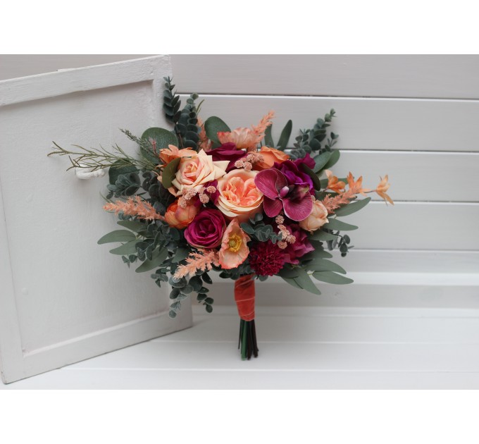 Bouquets in magenta peach coral color theme. Bridal bouquet. Faux bouquet. Bridesmaid bouquet. 5295