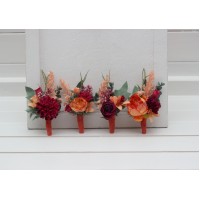  Wedding boutonnieres and wrist corsage  in magenta peach coral color scheme. Flower accessories. 5295