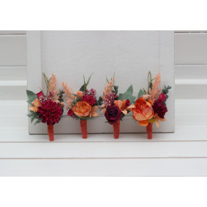  Wedding boutonnieres and wrist corsage  in magenta peach coral color scheme. Flower accessories. 5295