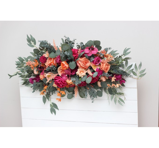  Flower arch arrangement in magenta peach coral colors.  Arbor flowers. Floral archway. Faux flowers for wedding arch. 5295