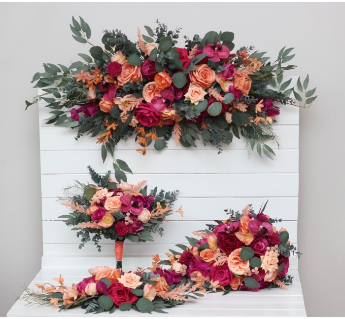  Flower arch arrangement in magenta peach coral colors.  Arbor flowers. Floral archway. Faux flowers for wedding arch. 5295