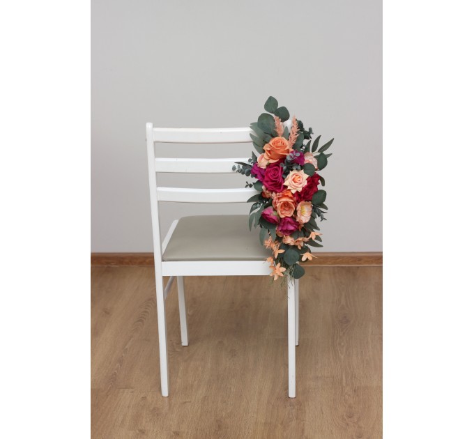 Aisle flowers in magenta peach coral scheme. Chair flowers. Sign flowers. Wedding flowers. Flowers for wedding decor. 5295
