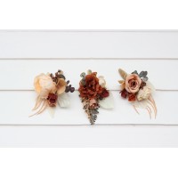  Wedding boutonnieres and wrist corsage  in terracotta brown creamcolor scheme. Flower accessories. 5100