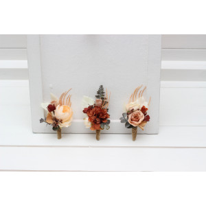  Wedding boutonnieres and wrist corsage  in terracotta brown cream color scheme. Flower accessories. 5100