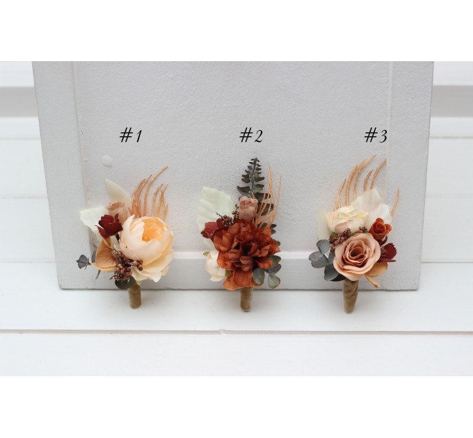  Wedding boutonnieres and wrist corsage  in terracotta brown creamcolor scheme. Flower accessories. 5100