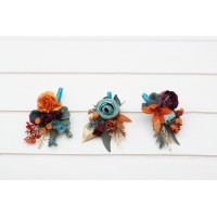  Wedding boutonnieres and wrist corsage  in teal rust gold plum color scheme. Flower accessories. 5222