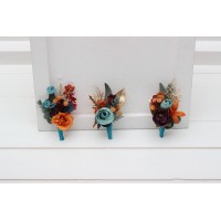  Wedding boutonnieres and wrist corsage  in teal rust gold plum color scheme. Flower accessories. 5222