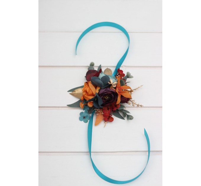  Wedding boutonnieres and wrist corsage  in teal rust gold plum color scheme. Flower accessories. 5222