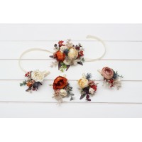  Wedding boutonnieres and wrist corsage  in rust orange cream color scheme. Flower accessories. 5179