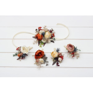  Wedding boutonnieres and wrist corsage  in rust orange cream color scheme. Flower accessories. 5179