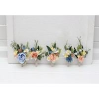  Wedding boutonnieres and wrist corsage  in ivory yellow peach dusty blue color scheme. Flower accessories. 5247