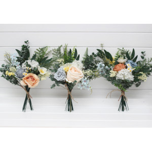 Mini bouquets for vases. Flowers for wedding decor. Ivory yellow peach dusty blue color scheme. Centerpiece. 5247