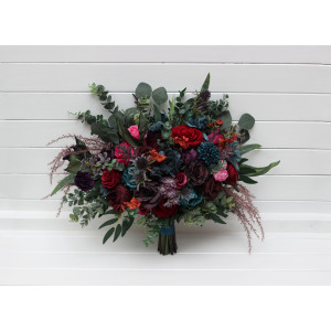 Jewel-tone wedding. Purple red magenta bridal & bridesmaid bouquets. Burgundy teal rust faux flowers. 5297