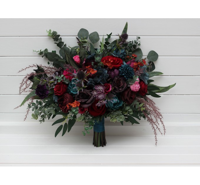 Jewel-tone wedding. Purple red magenta bouquet . Burgundy teal rust flowers. Bridal bouquet. Faux bouquet. Bridesmaid bouquet. Cascading bouquet. 5297