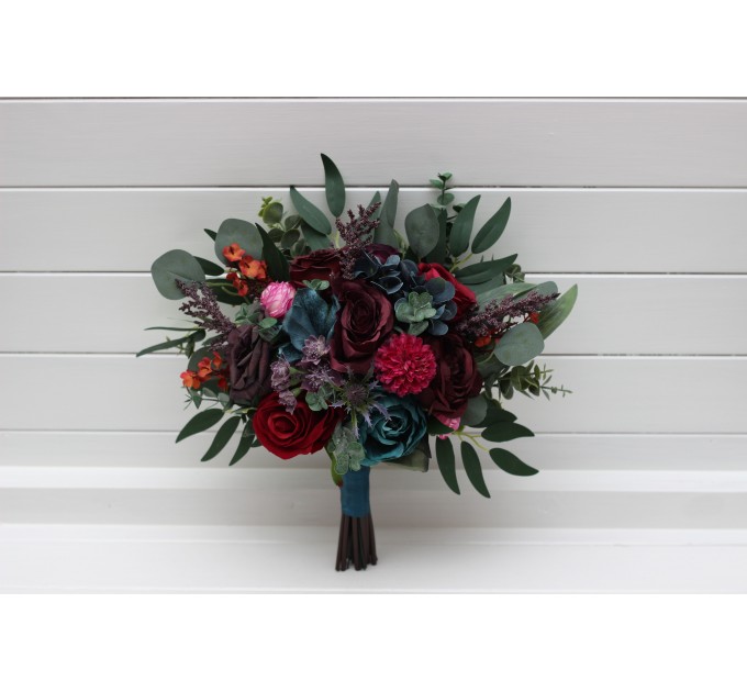 Jewel-tone wedding. Purple red magenta bouquet . Burgundy teal rust flowers. Bridal bouquet. Faux bouquet. Bridesmaid bouquet. Cascading bouquet. 5297