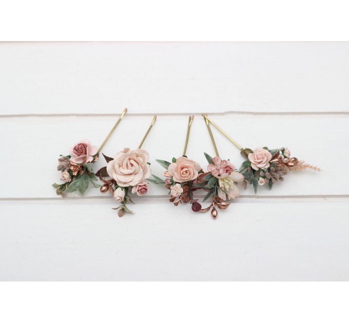  Set of  5 bobby  pins in  blush pink golden rose color scheme. Hair accessories. Flower accessories for wedding.  5299