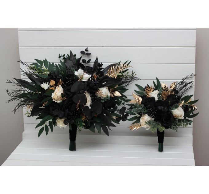 Bouquets in hunter green ivory black gold bridal color theme. Bridal bouquet. Faux bouquet. Bridesmaid bouquet. 5300