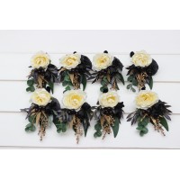  Wedding boutonnieres and wrist corsage  in hunter green ivory black gold color scheme. Flower accessories. 5300