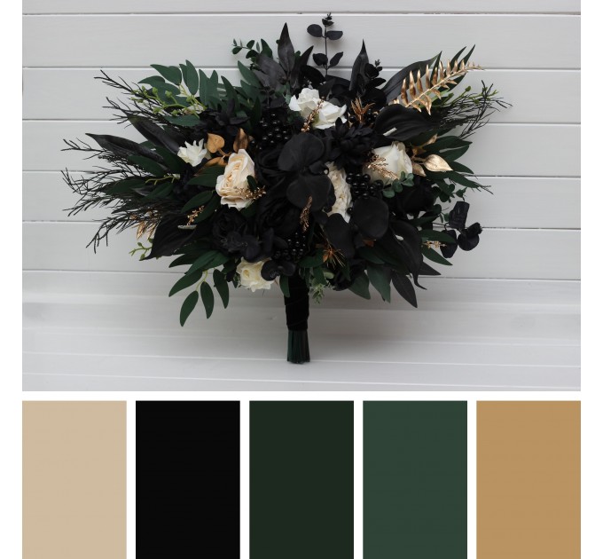 Bouquets in hunter green ivory black gold bridal color theme. Bridal bouquet. Faux bouquet. Bridesmaid bouquet. 5300