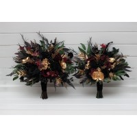 Bouquets in black burgundy gold green color theme. Bridal bouquet. Faux bouquet. Bridesmaid bouquet. 5305