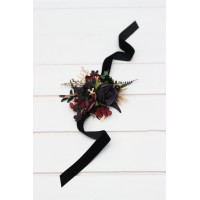  Wedding boutonnieres and wrist corsage  in black burgundy gold color scheme. Flower accessories. 5305