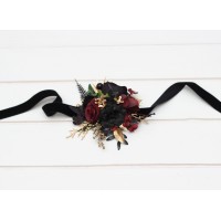  Wedding boutonnieres and wrist corsage  in black burgundy gold color scheme. Flower accessories. 5305