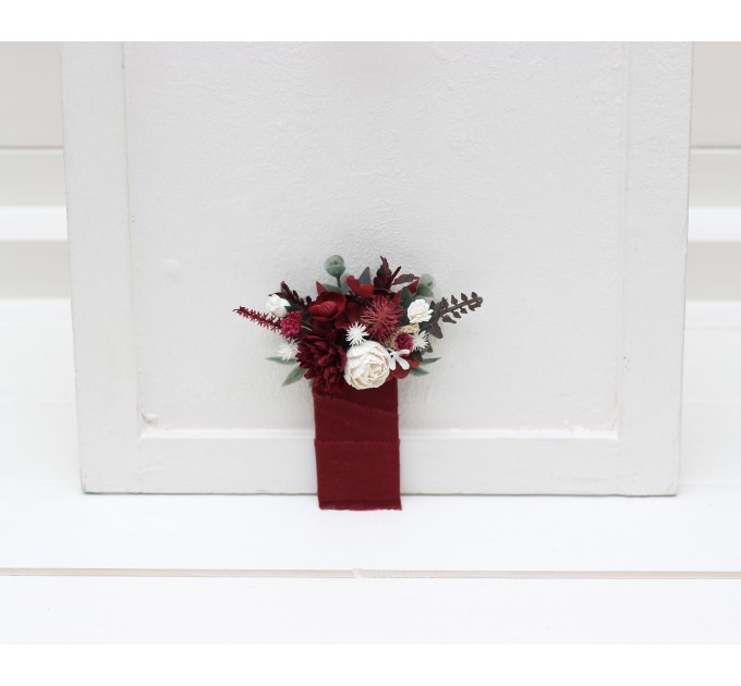 Pocket flowers. Pocket boutonniere in burgundy white ivory color scheme. Flower accessories. Square flowers. 0040