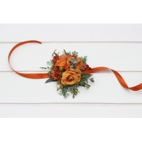  Wedding boutonnieres and wrist corsage  in rust orange color scheme. Flower accessories. 5213