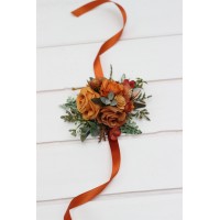  Wedding boutonnieres and wrist corsage  in rust orange color scheme. Flower accessories. 5213