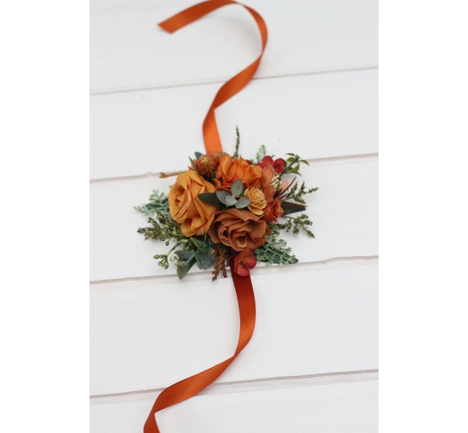  Wedding boutonnieres and wrist corsage  in rust orange color scheme. Flower accessories. 5213