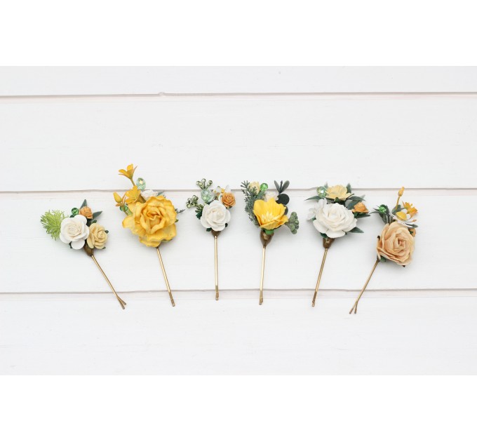 Set of 6 bobby pins. White and yellow hairpins with crystals. Flower bobby pins. Floral headpiece. Bridal flower accessories. Bridesmaid bobby pins. Bridesmaid gift.  5284