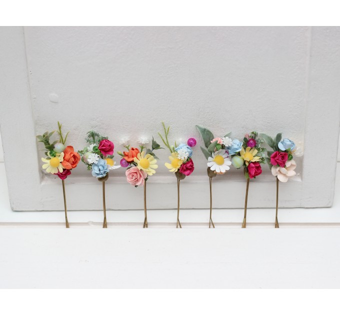 Set of 7 bobby pins. Colorful hairpins. Flower bobby pins. Floral headpiece. Bridal hair accessories. Bridesmaid bobby pins. Bridesmaid gift. Wildflowers  bobby pins.  Daisies hair pins. 5306