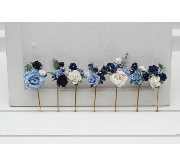 Set of 7 pins. Dusty blue navy blue white hairpins. Flower bobby pins. Floral headpiece. Bridal flower accessories. Bridesmaid gift.  5308
