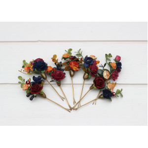  Set of  8 bobby pins  in  burgundy navy blue and rust color scheme. Hair accessories. Flower accessories for wedding.  5343