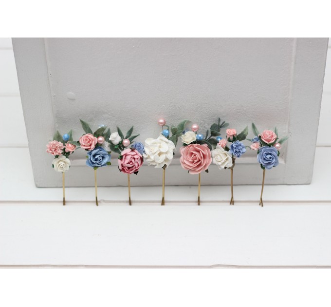  Set of  7 hair pins in  pink dusty blue color scheme. Hair accessories. Flower accessories for wedding.  5313